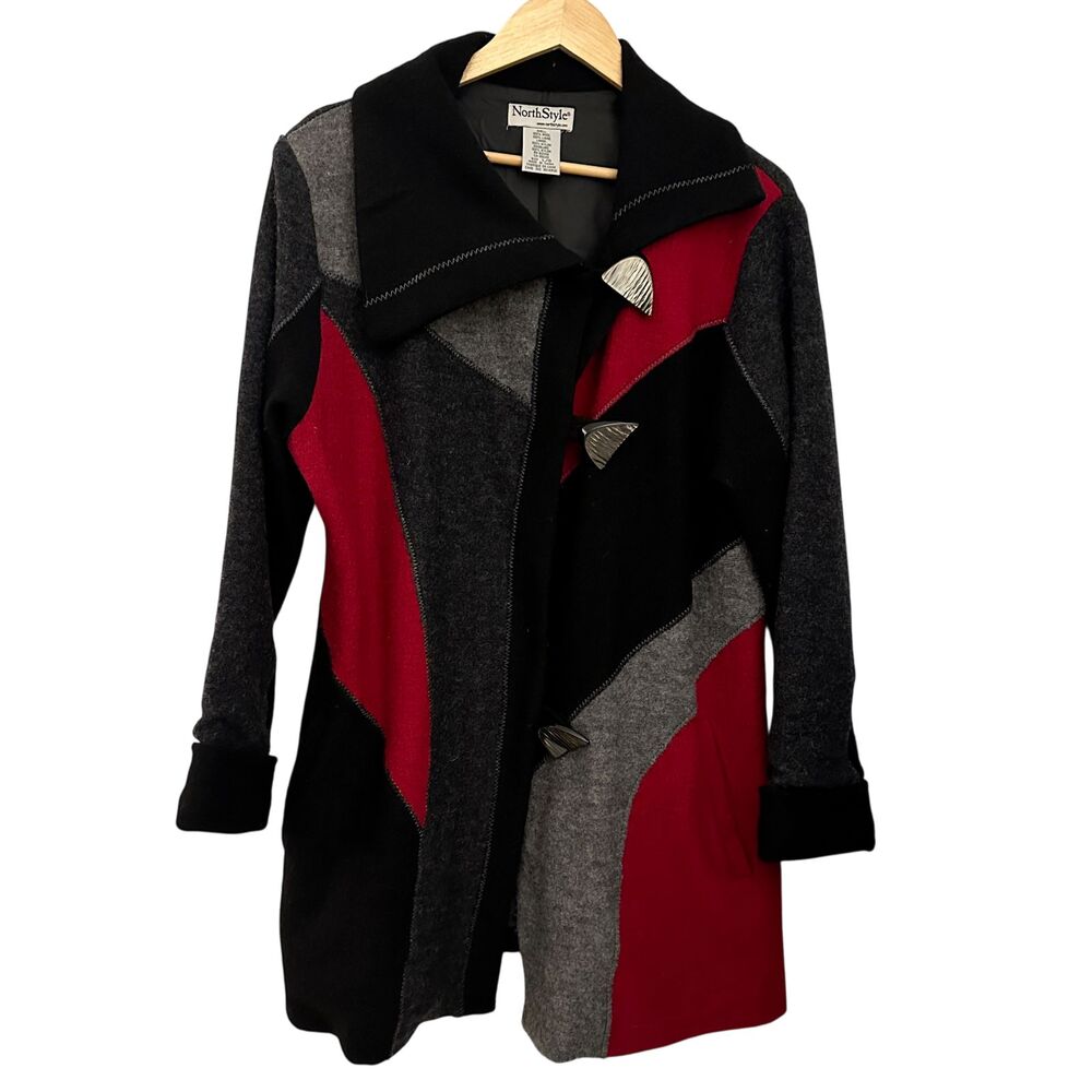 Northstyle Black, Red and White Artsy Patchwork 100% Boiled Wool Jacket Size L